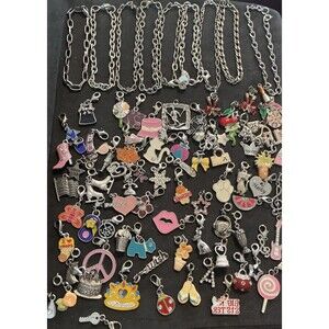 Girls Teen Charm Bracelet Lot 80 Enamel Snap Charms Bracelets Silver Tone Y2K